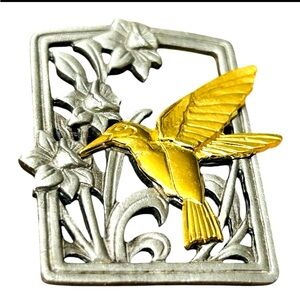 Vintage JJ Framed Cutout Hummingbird Daffodil Pewter Brooch Signed Collectible